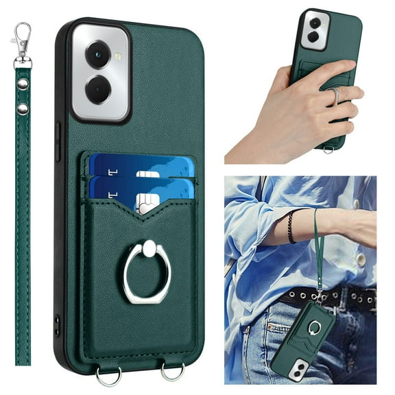Dteck for Motorola Moto G Play (2024) Case Wallet with Card Holder, Ultra Slim PU Leather TPU Bumper Shockproof Phone Case with Ring Holder Kickstand Wrist Strap for Moto G Play 2024,Green