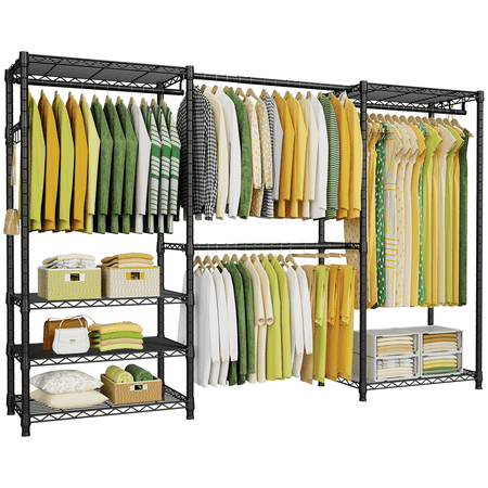 Condition photo showing New/Like New for ulif e1 max heavy duty closet garment rack adjustable metal freestanding expandable clothing storage with 4 hanger rods easy to assemble wardrobe blcak