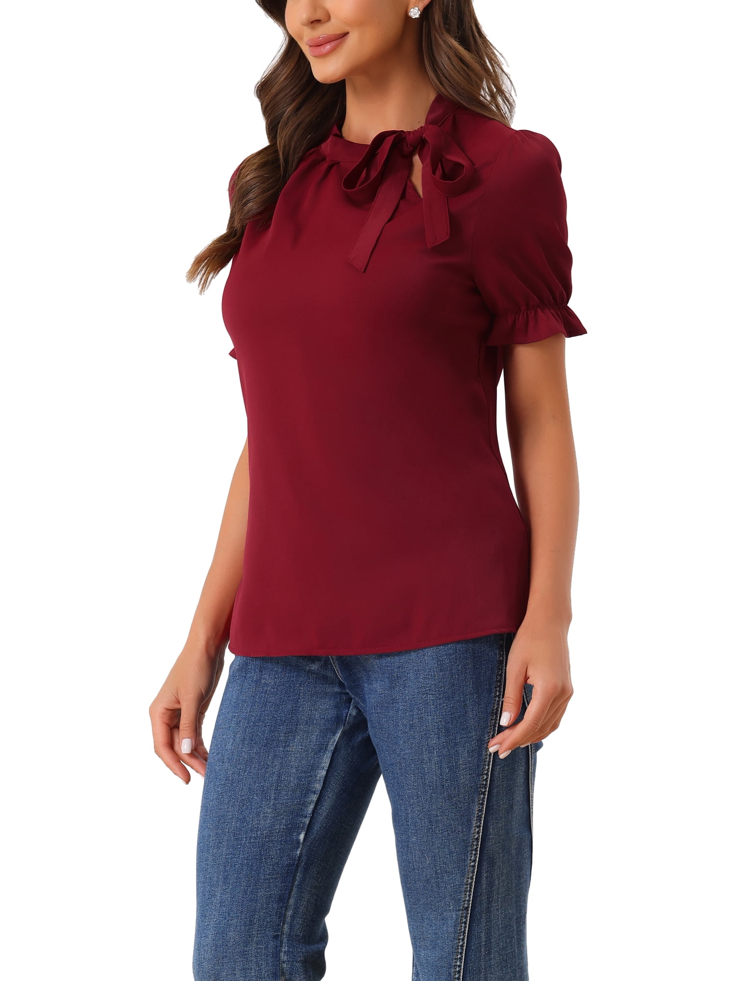 Unique Bargains Women's Bow Tie Neck Office Elegant Short Sleeve Blouse Top L Burgundy