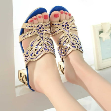 

AOOCHASLIY Independence Day Shoes Women s Summer New Plus-size Rhinestone Hollowed-out Chunky One-line Sandals