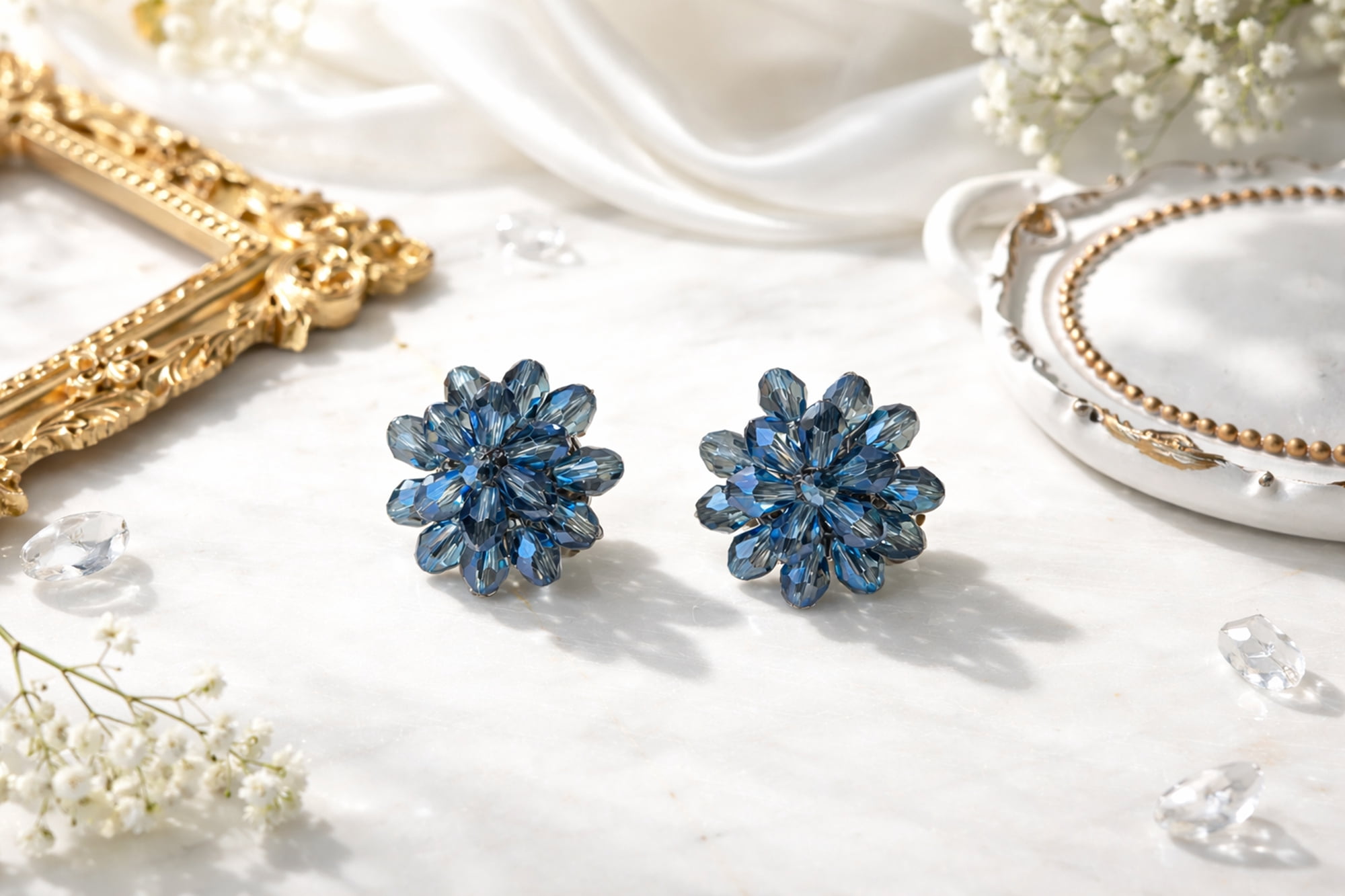 Dazzling Deep Blue Chrysanthemum Crystal Clip On Earrings