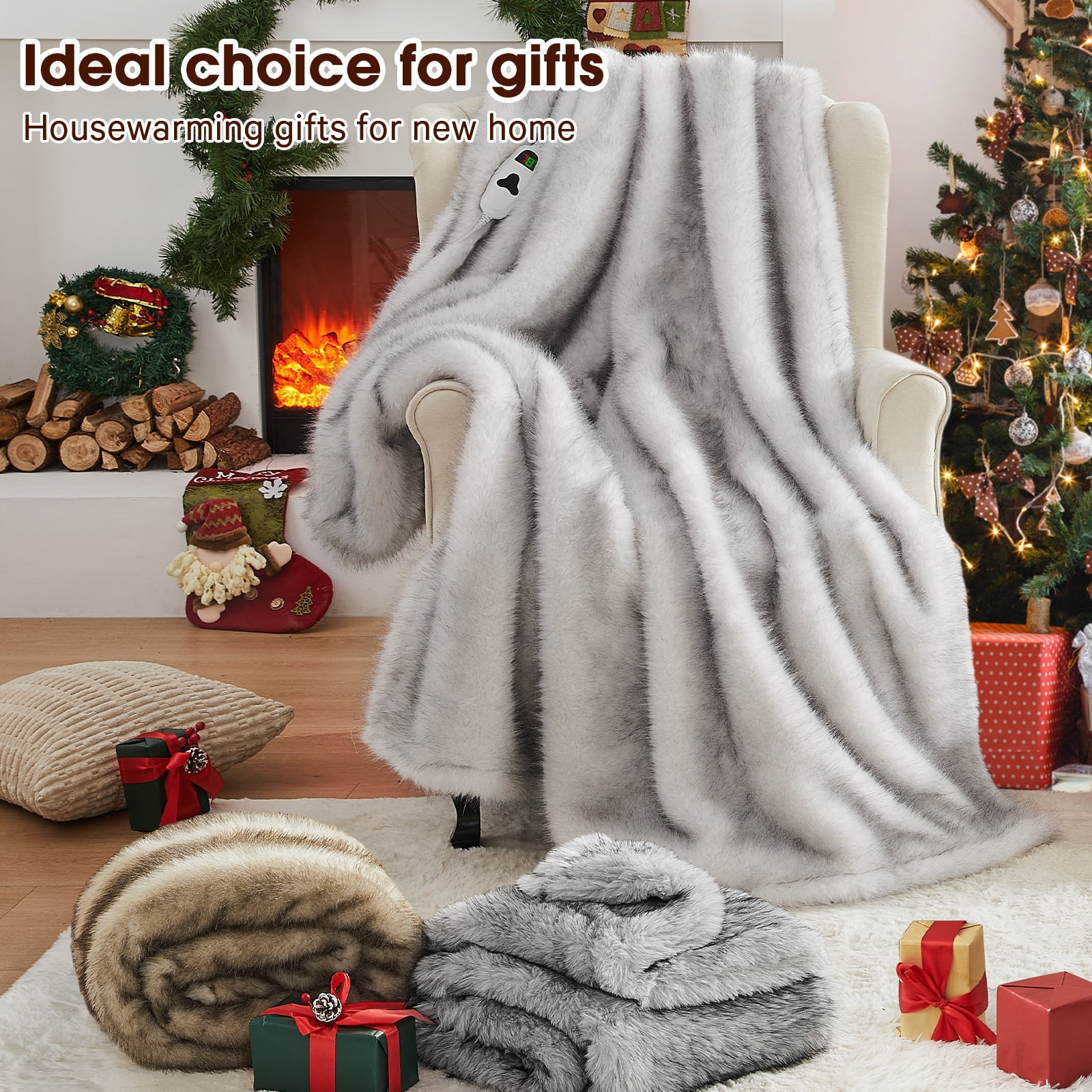 PMONPA Electric Heated Blanket, 61"×81" Faux Fur Heated Blanket for Adult, Fast Heating with 4 Hours Auto Shut Off Timer, Black & White