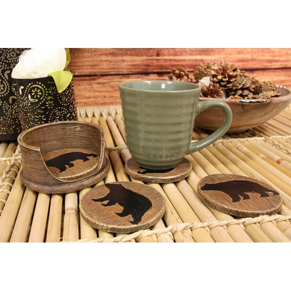 Faux Wood Rustic Forest Black Bear Coaster Holder With 4 Round Coasters Set