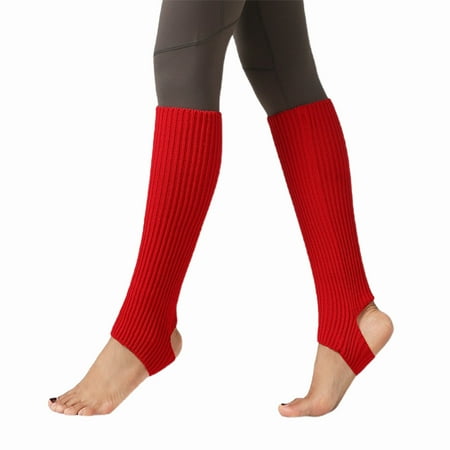 

harmtty Women Girl Knitted Warm Knee High Stirrup Yoga Sport Dance Leg Warmers Socks Bright Red