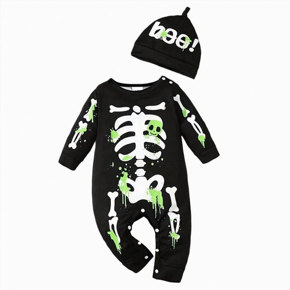 Wonitaaizi Newborn Baby Boy Halloween Romper Skeleton Jumpsuit Outfit Skull Clothes with Hat(6-9 Months,Black)