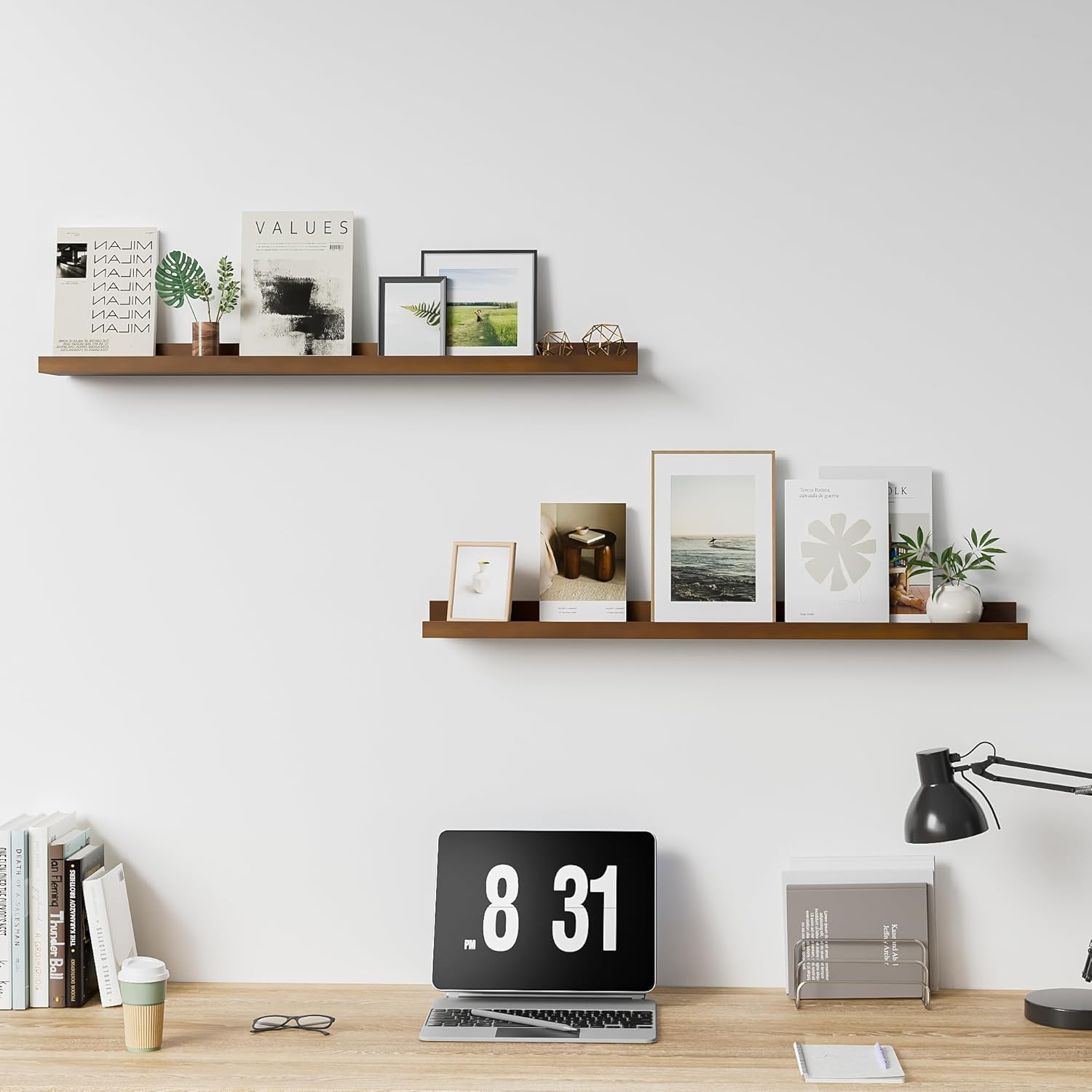 Floating Shelves for Wall, 36 inch Solid Wood Picture Ledge Shelf, Picture Shelf for Wall with Ledge, Floating Book Shelves for Living Room Bedroom Kitchen Nursery Decor, Walnut, Set of 2