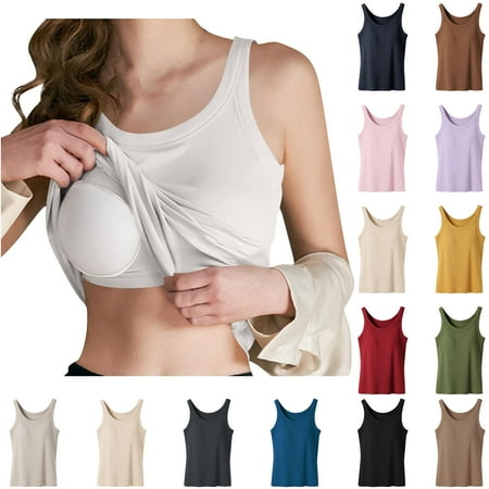 Jinhomg Cotton Tank Top with Built in Bra for Women Shelf Bra Workout Camisole Tops Lightweight Comfy Summer Gym Sports Bras with Chest Padded Beige XXXXXL