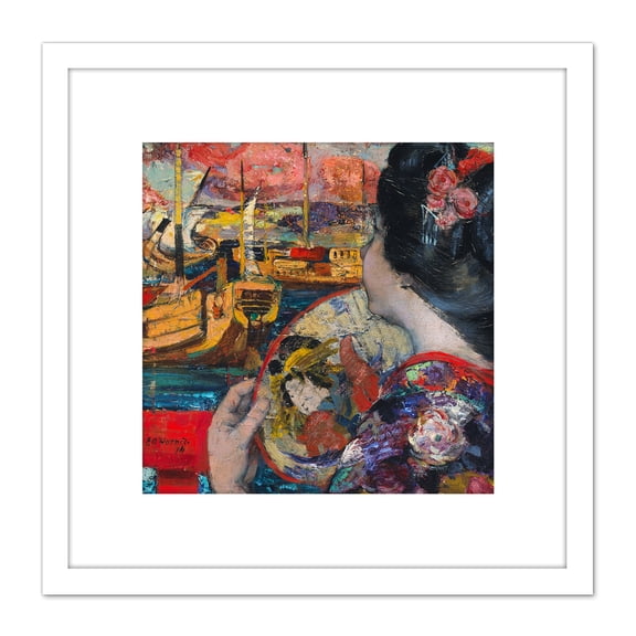 Hornel The Balcony Yokohama 1894 Painting 8X8 Inch Square Wooden Framed Wall Art Print Picture with Mount