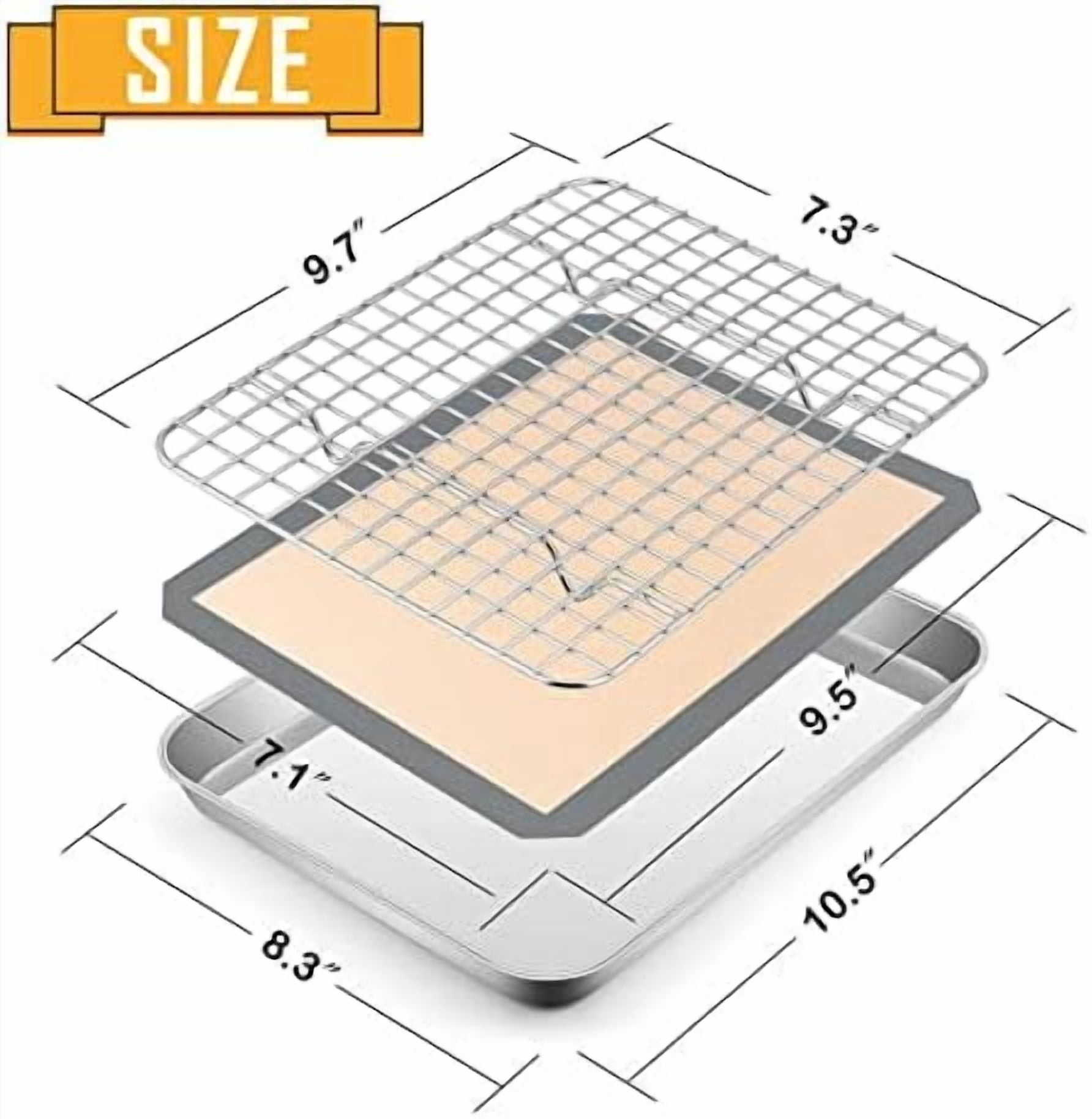 Toaster Oven Baking Sheet Set,  10.5”x8.3” Small Stainless Steel Cookie Sheet Pan with Wire Rack & Silicone Mat for Cooking Broiling, Rimmed Metal Tray Roasting Cooling Bacon Steak