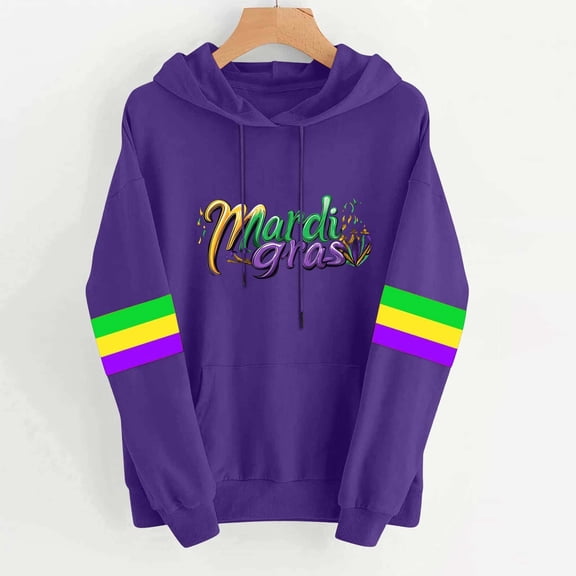 LEKWK Womens Mardi Gras Shirts Loose Fit Hooded Long Sleeve Sweatshirts Trendy Graphic T Shirts Letter Script Print Gold Green Accents Holiday Tops