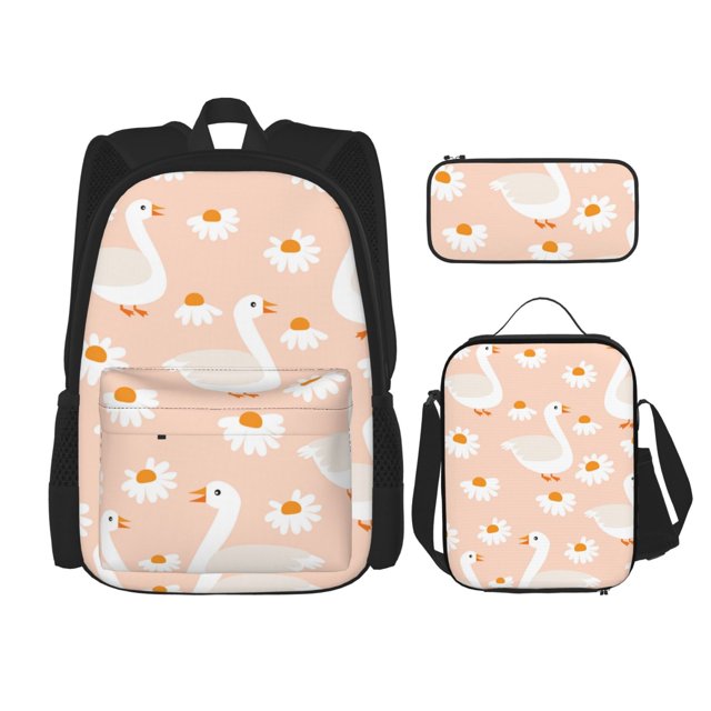 Balery Geese and Flower Mochila escolar 3 en 1 para niños: mochila resistente con lonchera térmica y estuche para lápices. Mochila escolar para niños y niñas.