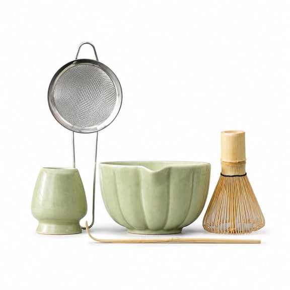Mottled Green 5 Pcs Matcha Whisk Set, Complete Ceramic Matcha Bowl Matcha Kit with Bamboo Chasen, Scoop, Chasen Holder & Sifter