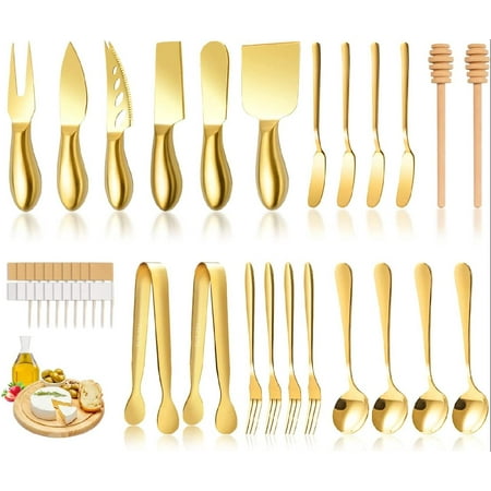 

Gold Cheese Knife Set For Charcuterie Board Accessories Stainless Steel Cheese Slicer And Butter Spreader knives Kit With Serving Tongs Spoons Forks Flags Cheese Markers Honey Dipper