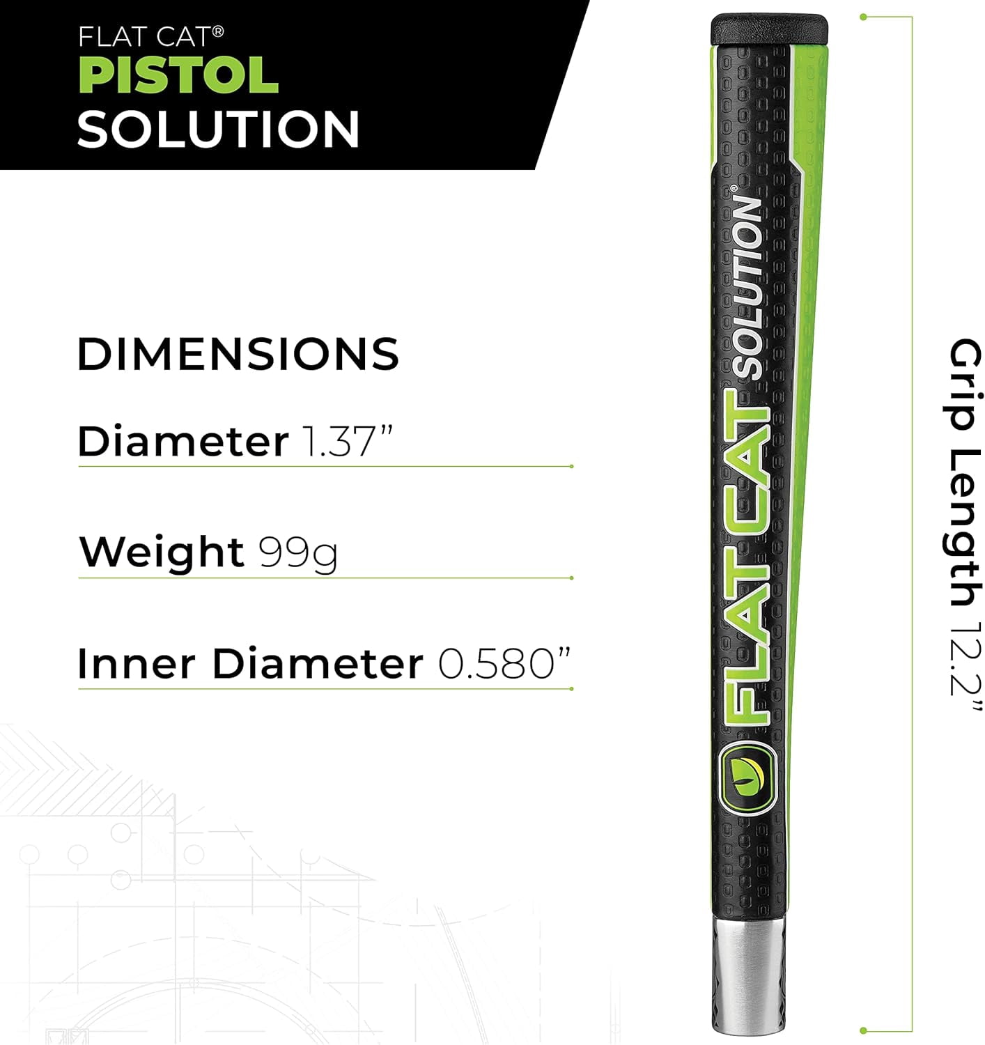 Flat Cat Pistol Solution Weighted Putter Grip – Black/Lime, 99g, Flat 1 TRU Alignment Design