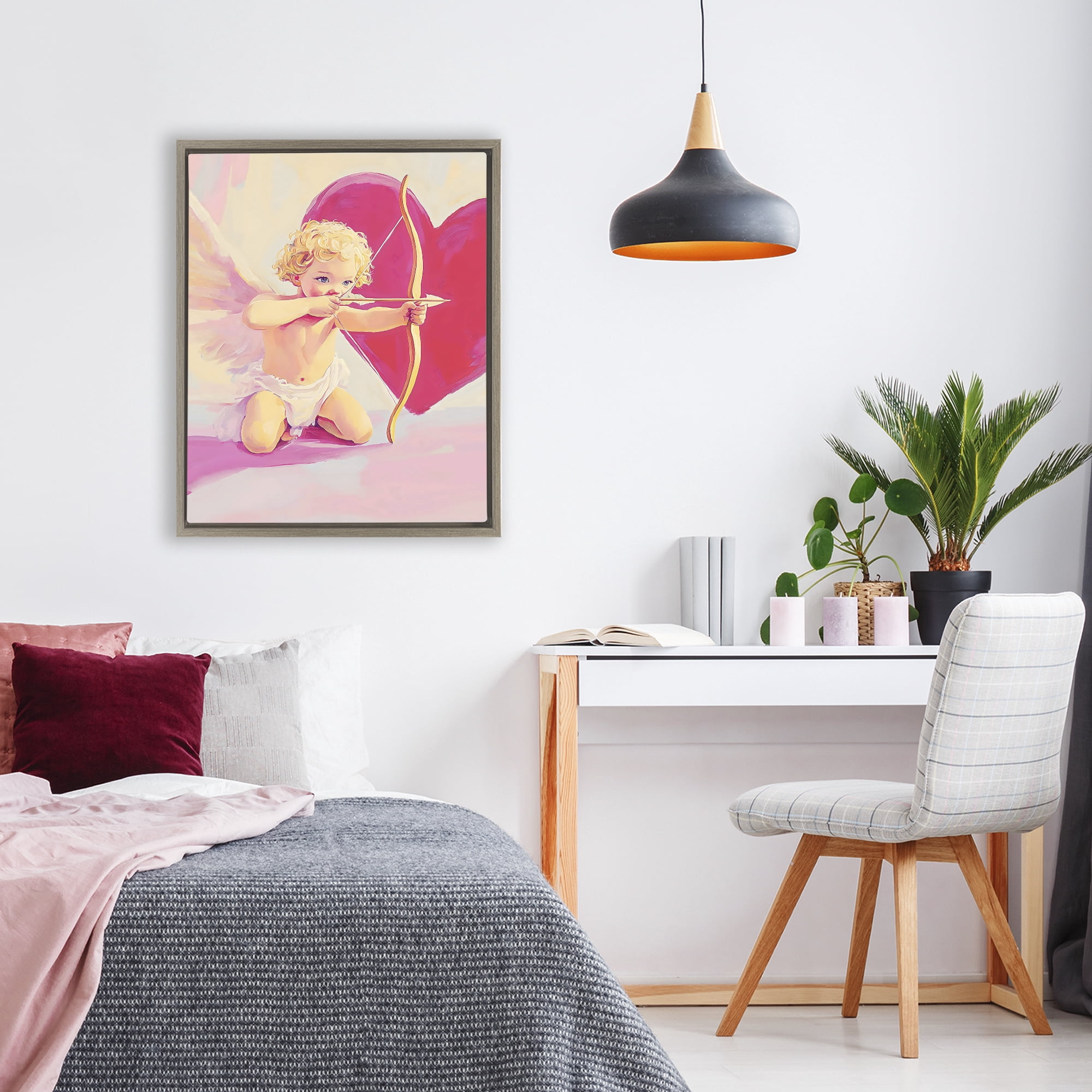 Stupell Industries Cupid Shooting Arrow with Heart Brown Framed Floater Canvas Wall Art, design by The Prints Vibe