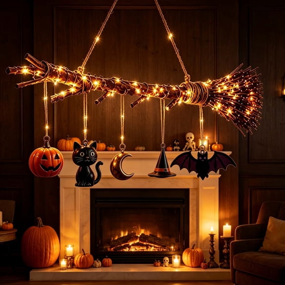 Halloween Witch Hanging Ornament, Resin Pumpkin and Witch Hat Twig Decor with Warm LED Lights for Indoor Wall, Window, and Holiday Party Displays and Seasonal Events