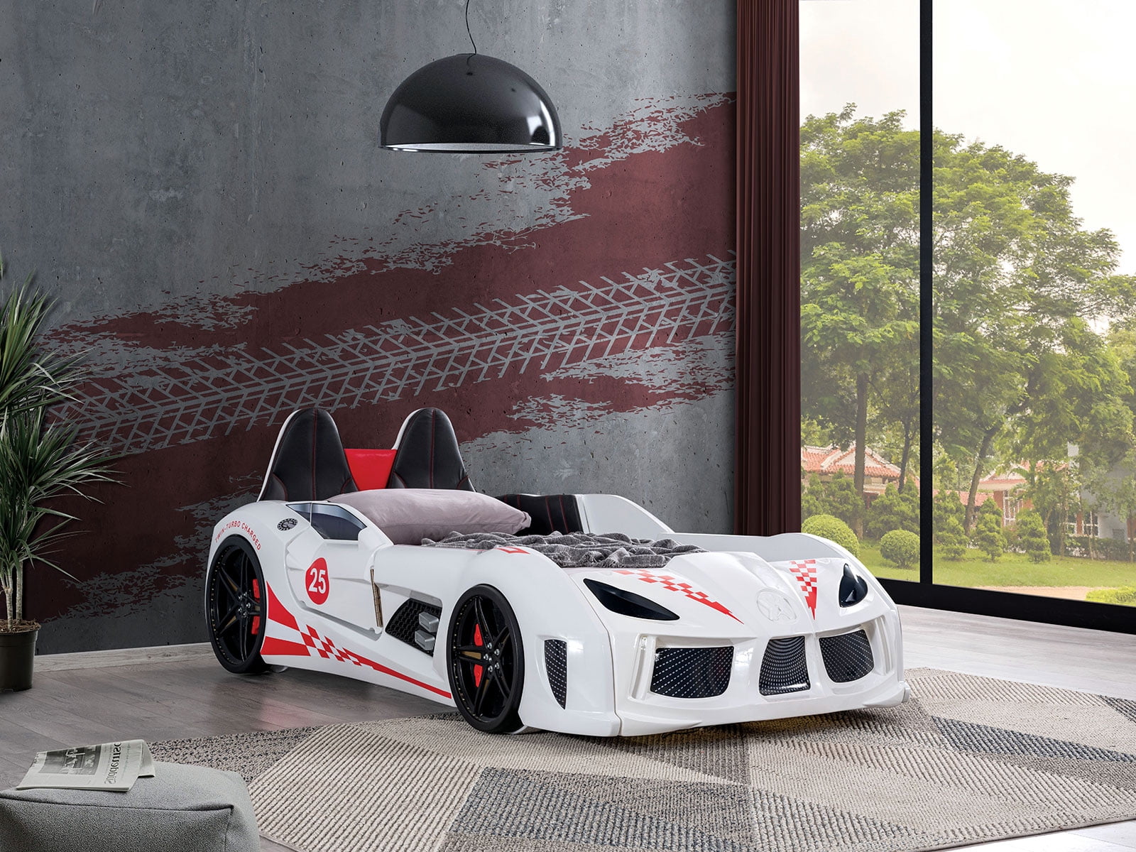 Bed Frame Modern Novelty Style Twin Size Race Car Design Bed Attached Two Magnetic Doors With LED Lights On Wheels And Bottom Upholstery Headboard And Sides White Finish