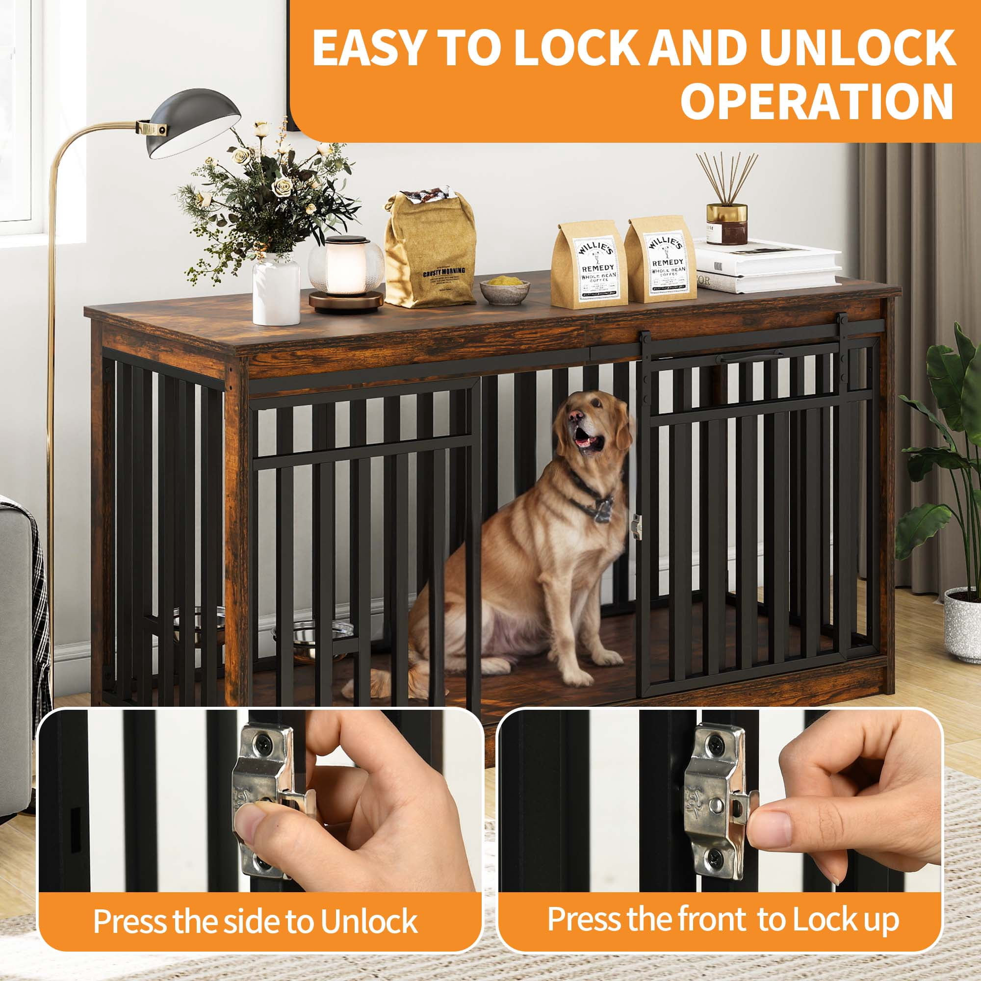 Craftian 55.1 Inch Dog Crate Furniture with Sliding Doors, Large Wooden Indoor Dog Kennel Dog Cage Table with 2 Dog Bowl for Medium Extra Large Dogs
