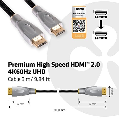 Club3D HDMI 2.0 Cable de alta velocidad certificado de alta velocidad 4K/ 60Hz (CAC-1310) 30AWG 3 metros/ 9.84 pies.