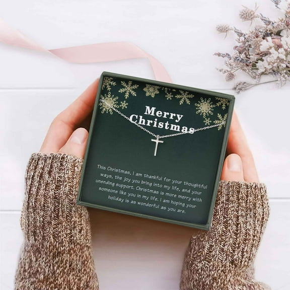 Anavia Sterling Silver Cross Necklace New Year Thanks Gifts for Mom, Merry Christmas Necklace Card for Her