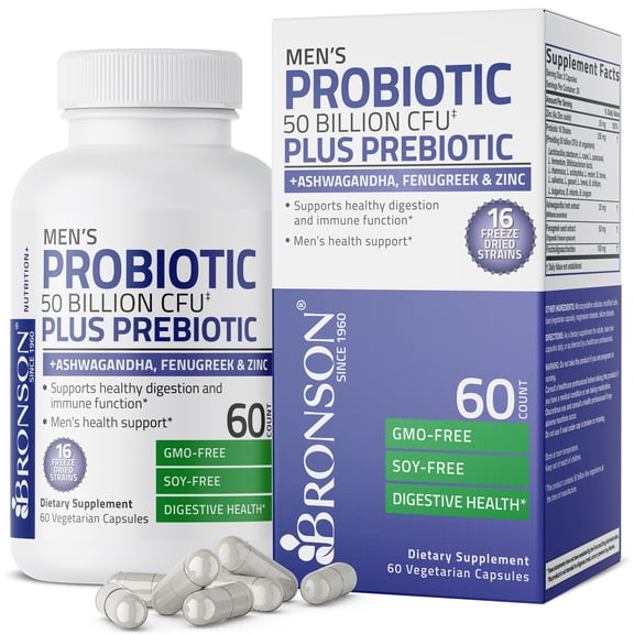 Bronson Men's Probiotic 50 Billion CFU Plus Prebiotic with Ashwagandha, Fenugreek & Zinc, Supports Healthy Digestion & Immune Function Non-GMO, 60 Vegetarian Capsules