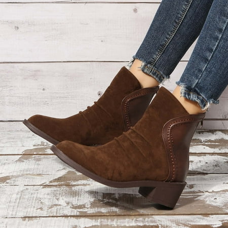 

Ovzne Womens Snow Boots Comfy Boots For Women Women s Winter Flock Retro Splicing Boots Chunky Heel Middle-Heels Pointed Toe Back Zipper Boots Clearance