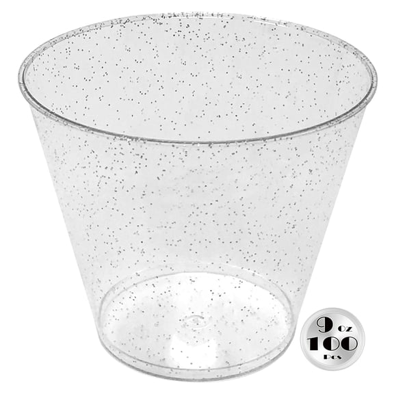 JL Prime 100 Silver Glitter Plastic Cups, 9 Oz Heavy Duty Reusable Disposable Silver Glitter Clear Plastic Cups, Old Fashioned Tumblers, Hard Plastic Drinking Cups for Party and Wedding