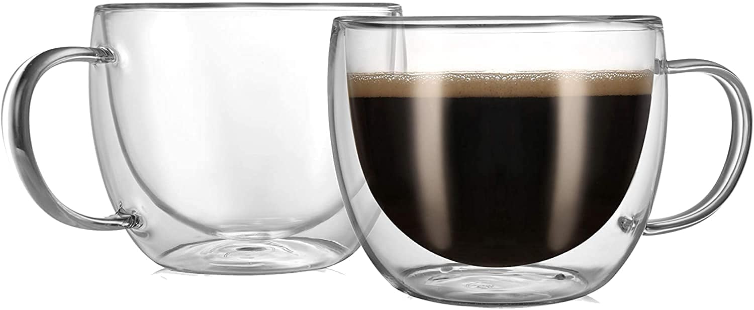 NA Inoha [350 ml , 2-Pack] Large Clear Glass Coffee Mugs - Double Wall Insulated Glass Tea Cups with Handle - Latte Cappuccino - Heat Resistant 