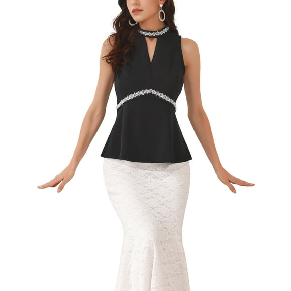 INSPIRE CHIC Women's Halter Tops Beaded Mock Neck Keyhole Sleeveless Cocktail Peplum Blouse XL Black