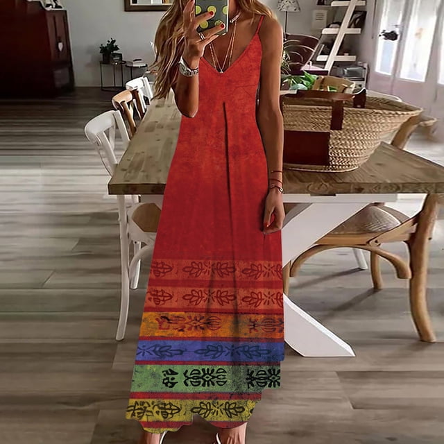 Puntoco Vestidos Mujer Verano Moda Mujer Casual Retro Estampado V-Cuello Camis Vestido Largo Sin Mangas