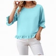 thumbnail image 2 of Towmus Womens 3/4 Sleeve Tops Knit Cotton Ladies Blouses Crew Neck T Shirts for Women Loose Fit Ruffle Sleeve Tunic Tops, S, Sky Blue, 2 of 8