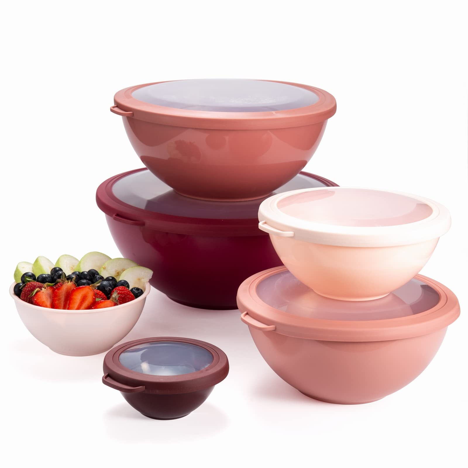 Beijiyi Mixing Bowls with TPR Lids - 12 Piece Plastic Nesting Bowls Set  includes 6 Prep Bowls and 6 Lids, Microwave Safe Mixing Bowl Set (Rose)