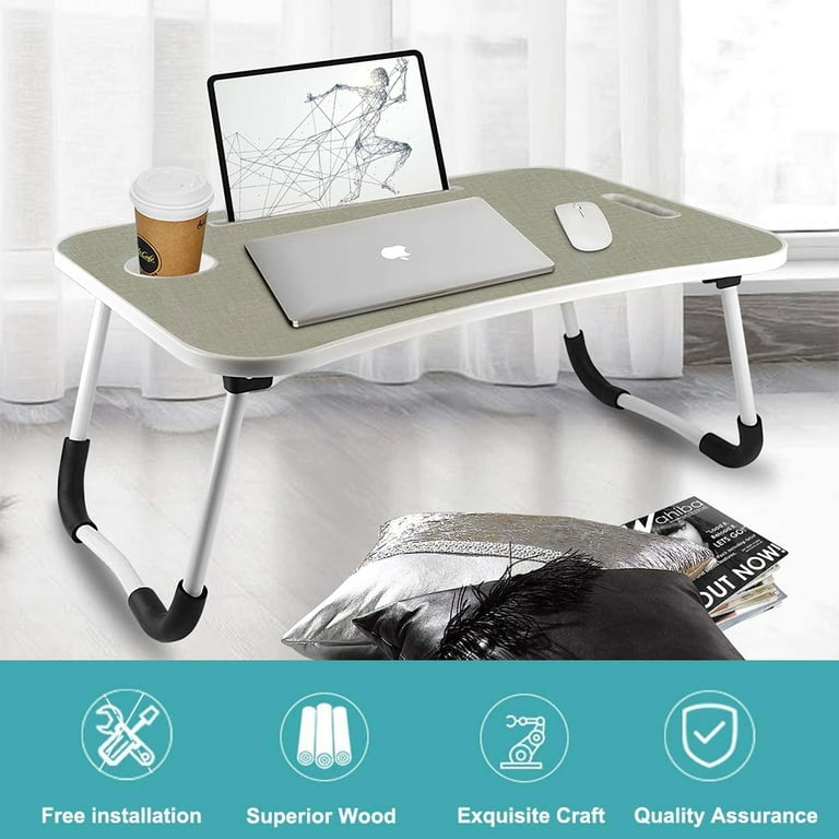 Phancir Foldable Lap Desk, 23.6 inch Portable Wood Laptop Desk Table Workspace Organizer Bed Tray with iPad Slots, Cup Holder and Drawer, Anit-Slip