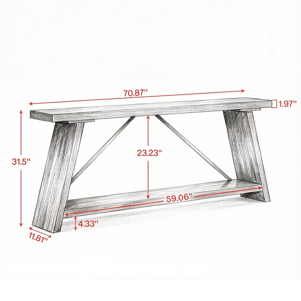 2-Tier Console Table, Rustic Sofa Table with Long Open Shelves, MDF Board & Metal Frame, 230 lbs Capacity with Adjustable Pads for Entryway Living Room