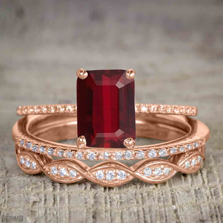 1 50 Carat Emerald Cut Real Ruby And Cubic Solitaire Trio Wedding