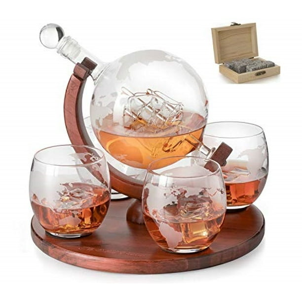 Etched Decanter whiskey Globe - The Wine Savant Whiskey Set Globe Decanter with Antique Ship, Whiskey Stones and 4 Wo - Walmart.com