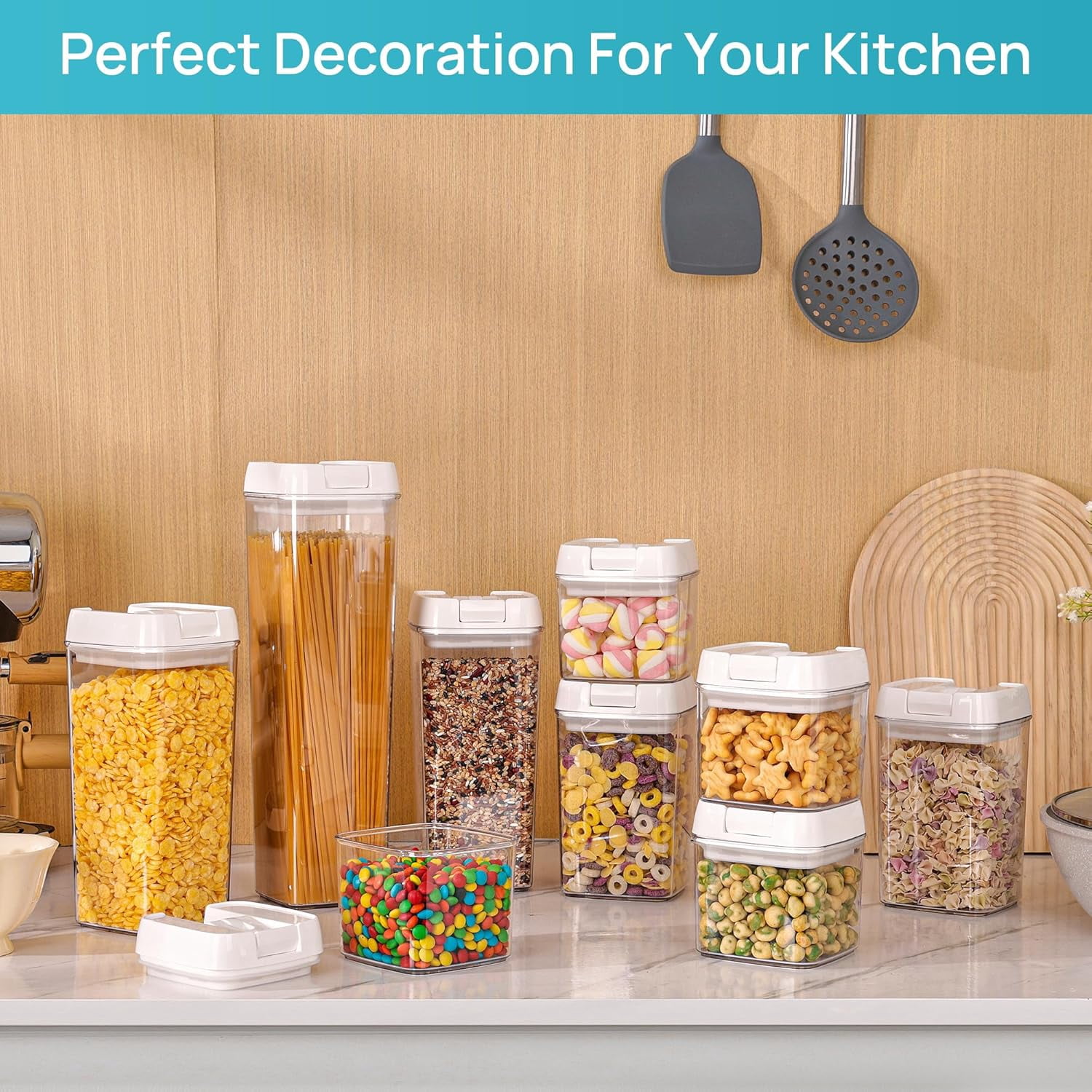 Airtight Food Storage Containers, 7-Piece BPA-Free Plastic Cereal Storage Jars with Easy-Lock Lids for Kitchen Pantry Organization, 24 Labels, White