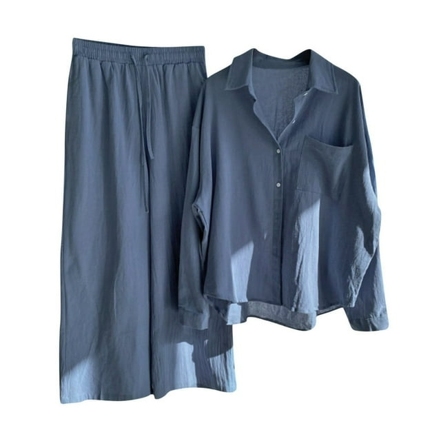 Womens 2 Piece Outfit Loungewear Sets Button Down Shirt and Casual Wide Leg Pants Set