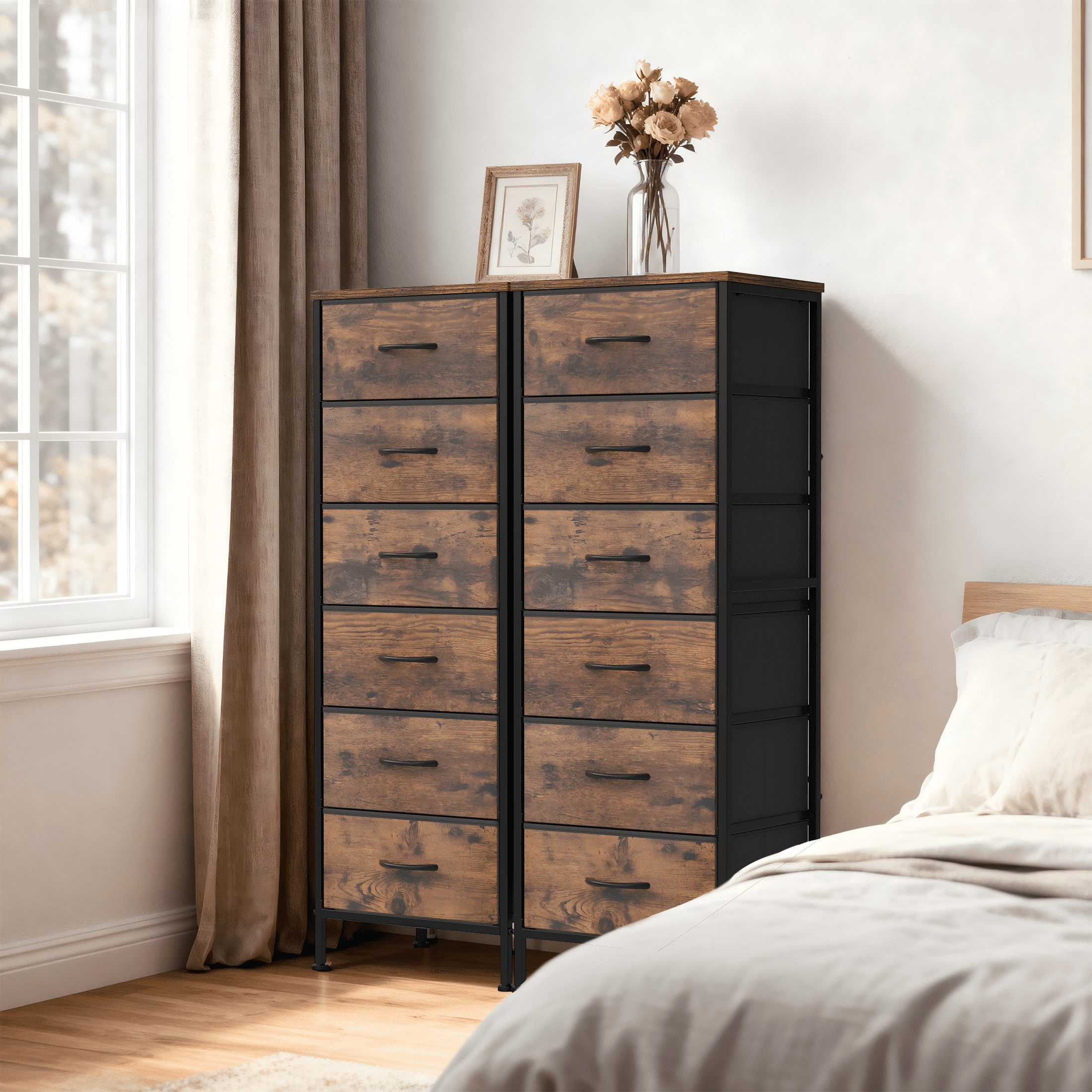 EZKAMFORT 6-Fabric Drawer Dresser for Bedroom Tall, Closet Drawers Dresser for Bedroom, Versatile for Bedroom & Living Room, Rustic Brown