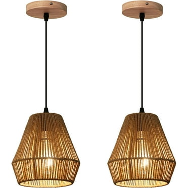 Woven Rattan Pendant Light Fixture, Mini Boho Pendant Lights Kitchen Island 2 Pack Farmhouse Natural Hanging Pendant Lighting with Handwoven Basket Shade for Bedroom Foyer Bar Hallway