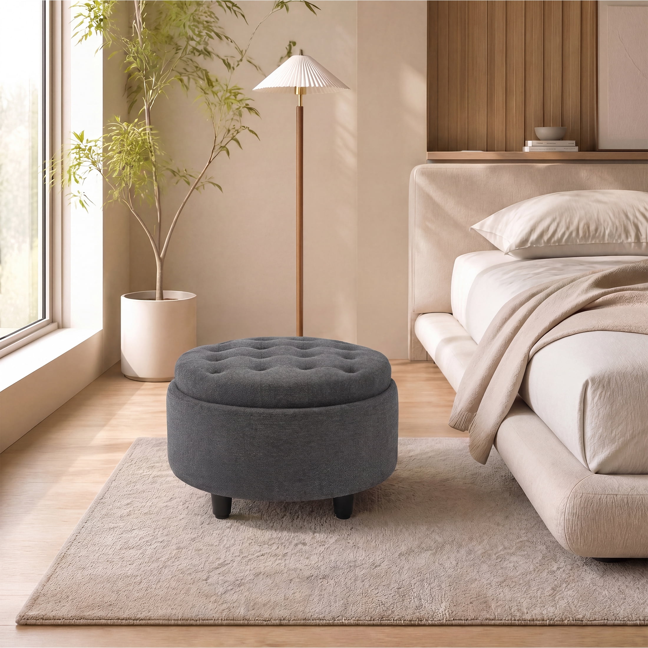 Darkgrey Round Ottoman with Storage and Reversible Tray, Upholstered Fabric Footrest Coffee Table for Living Room, Bedroom, Entryway-25 Inch