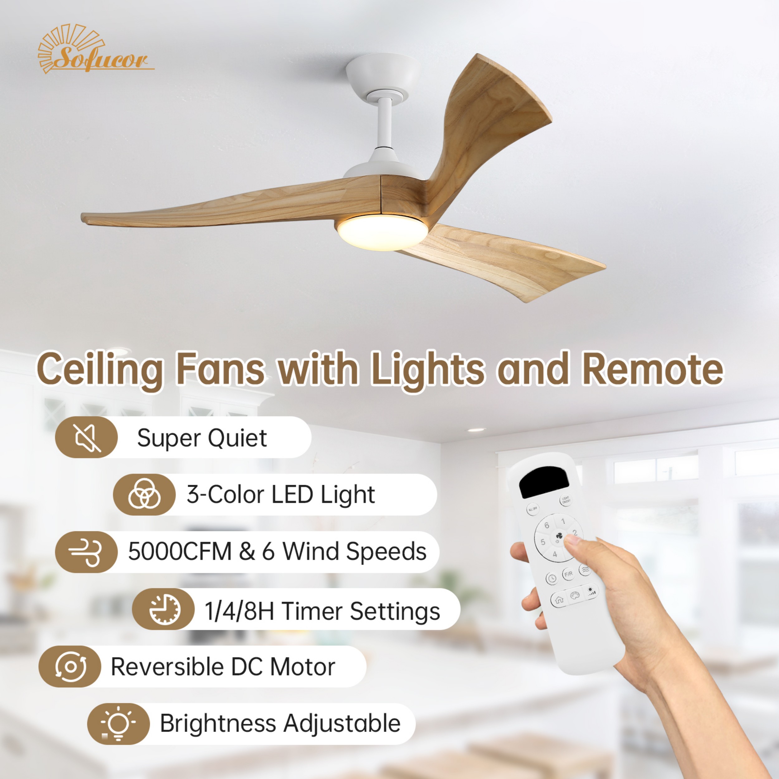 Sofucor 52 Inch Ceiling Fan with Light and Remote, Modern 3 Solid Wood Blades Ceiling Fan, 6 Speeds 5500CFM, Dimmable 3-Color LED with Memory, Timer & Quiet & Reversible DC Motor, ETL, Nature Wood