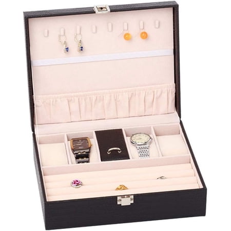 Jewelry and Watch Box Organizer for Men & Women, PU Leather Display Case with Mirror for Rings, Bracelets, Necklaces, and Earrings