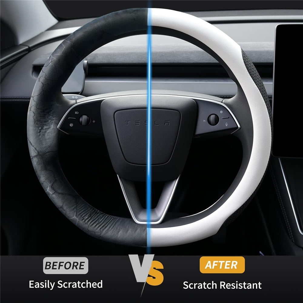 Leather Steering Wheel Cover Suitable For Tesla Model3/Y 2016-2025 2026 Juniper/Highland, Non-slip And Breathable Tesla Model3/Y Steering Wheel Protector, White