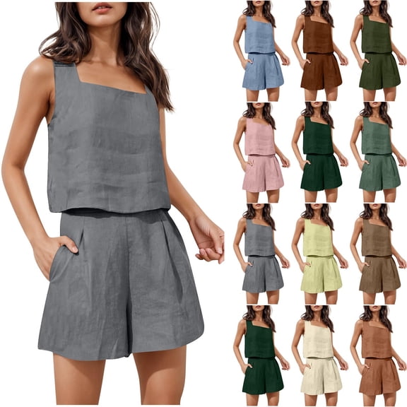 Sakmal Chino Khaki Shorts Sets for Women Work High Waisted Wide Leg 2 Piece Outfits Solid Green Elastic Waist Ladies Shorts L