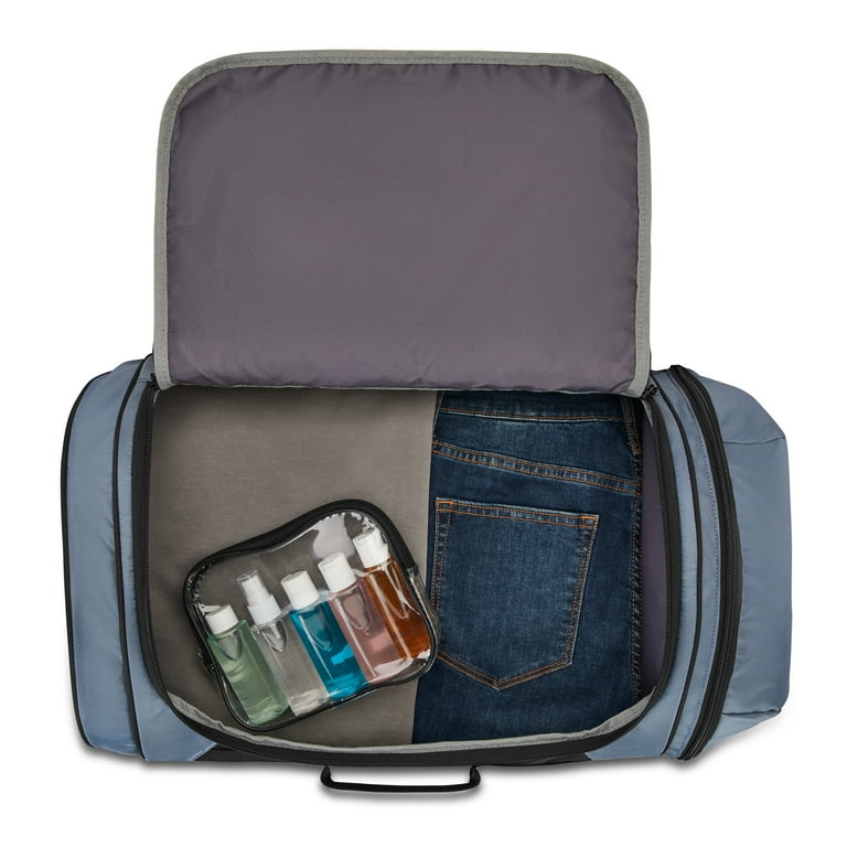 american tourister expandable x-bag travel duffel bag blue grey American Tourister 22-Inch Carry On Wheeled Travel Duffel Bag with Drop  Bottom, Elemental Blue