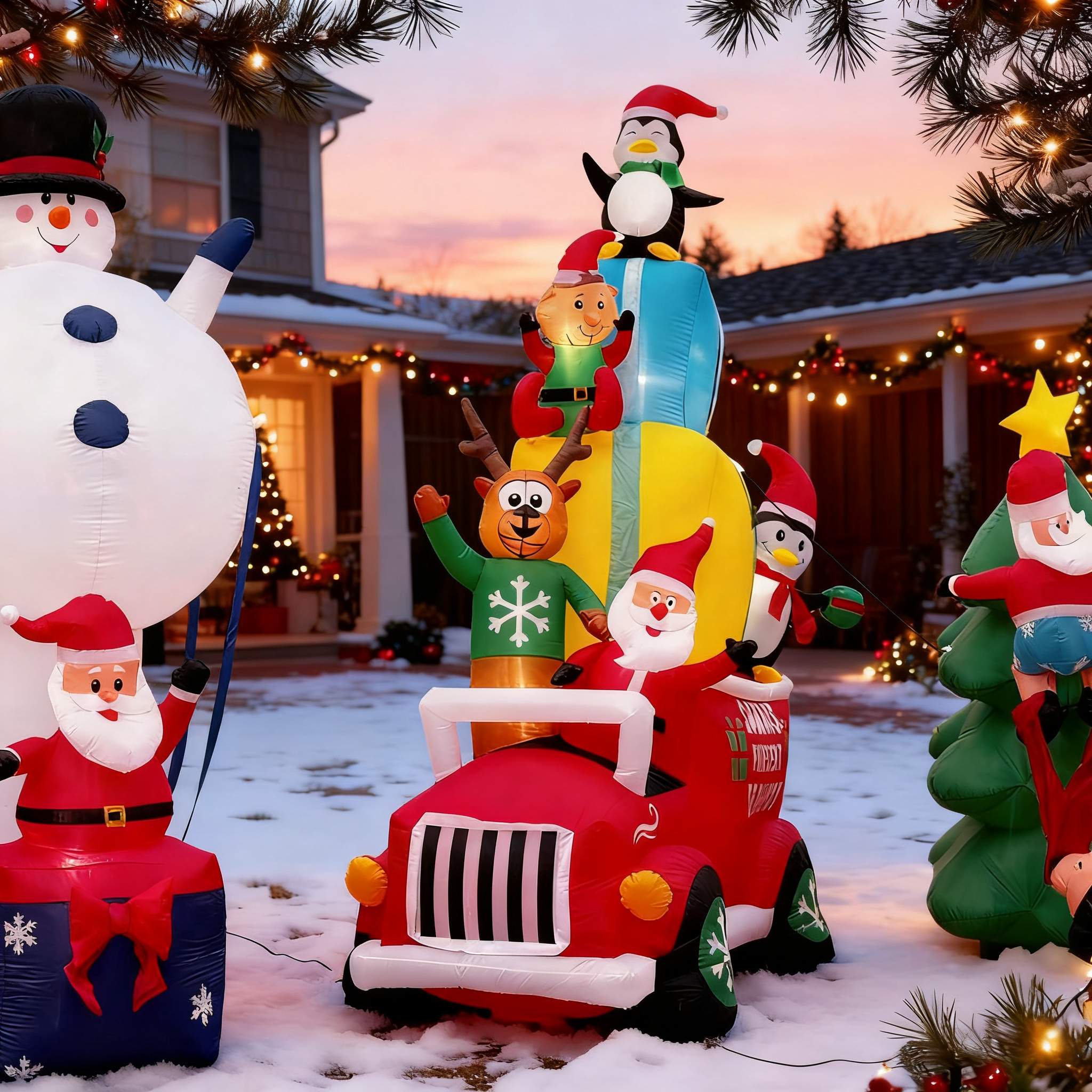 Inflatable Santa Claus Driving Gift Car with Friends LED Lights Outdoor Yard Christmas Decoration