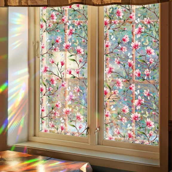39.4x17 Inch Butterfly Privacy Sun Blocking Window Privacy Film Flower Reflective Non-Adhesive Rainbow Reusable Glass Cling UV Resistant Stained Window Glass Decorative 3D Decals for Room