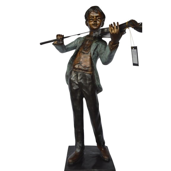 Nifao Boy playing violin large bronze statue – Outdoor Garden Decor Sculpture, 31"L x 31"W x 50"H