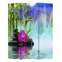 TOA 4 Panels Privacy Screen Room Divider Partition with Bamboo and Hotstones Canvas, Water Resistant for Living Room, Bathroom, Home Office or College Dorm, Wood Frame